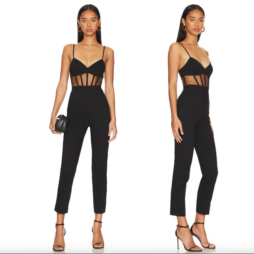 NEW NBD Bianna Jumpsuit in Black Corset Mesh Pantsuit Romper Small